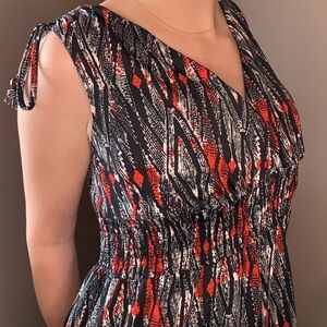 Smocked waist Maxi Dress black and red print and shoulder tie detail